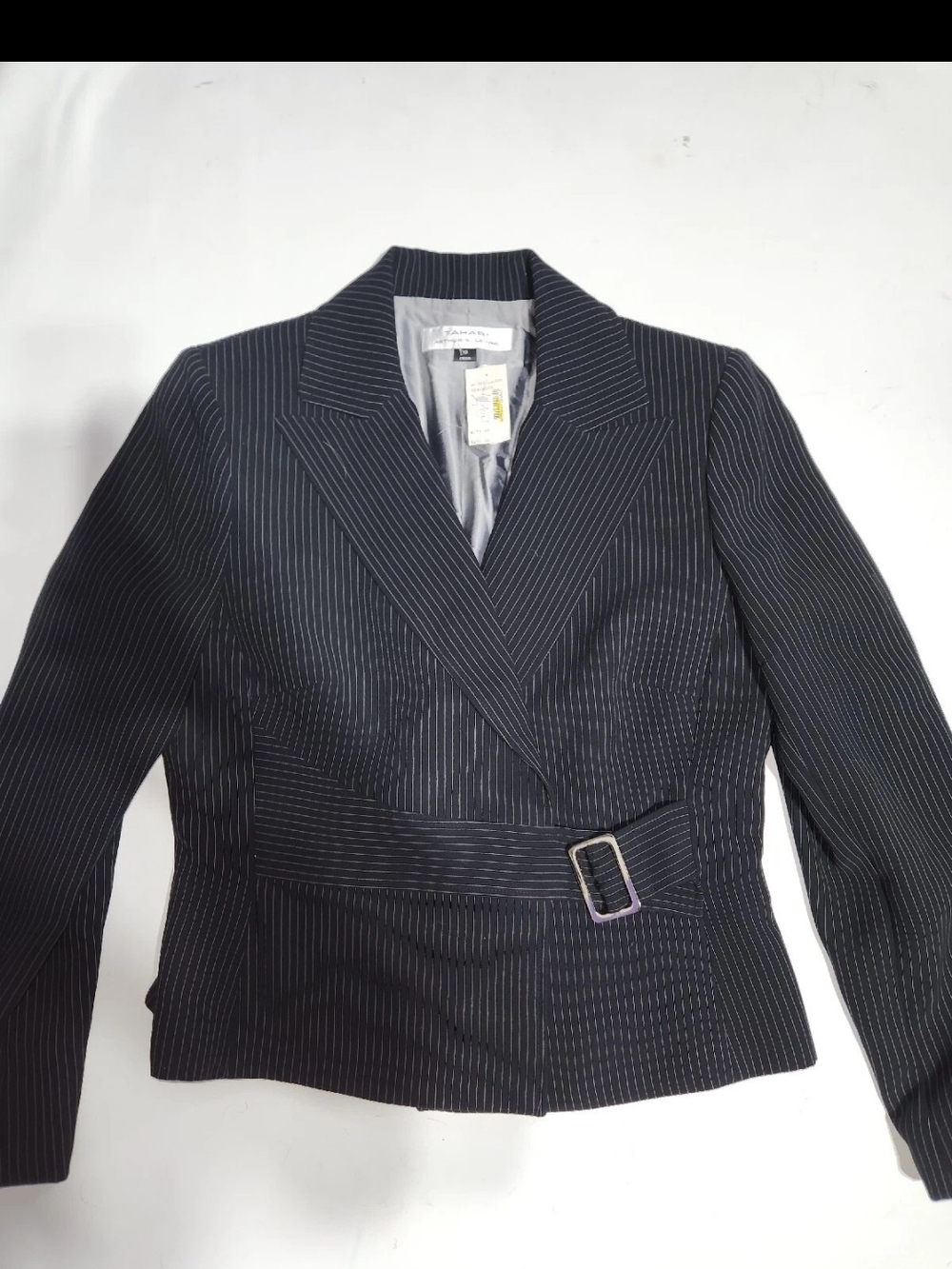 Tahari Black Pinstripe Belted Blazer